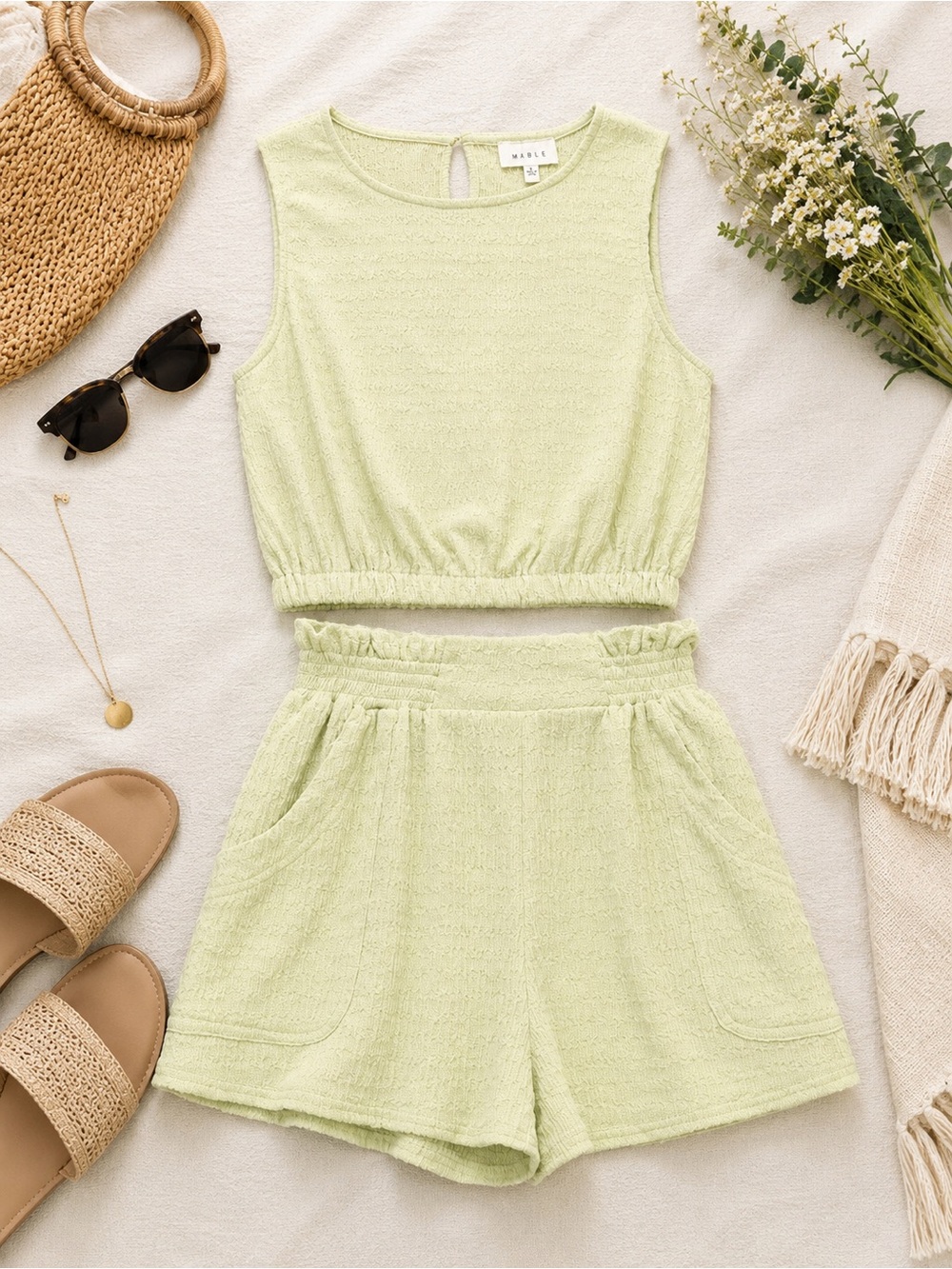 MABLE Mint Green Textured Matching Set Crop Top & Shorts Size Small